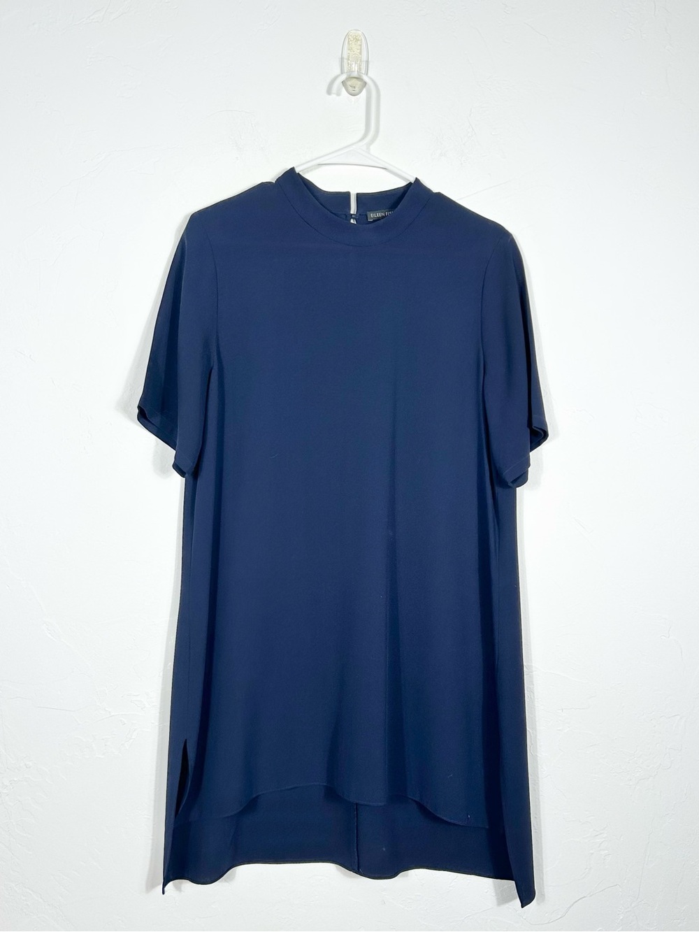 Eileen Fisher Dark Blue Silk Short Sleeve High Low Shift Dress